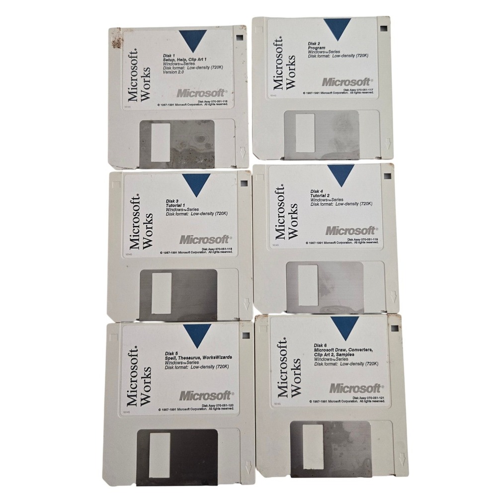Microsoft Works 2.0 Floppy Disk Set 6 Disks 1991 Vintage PC Made in USA Windows